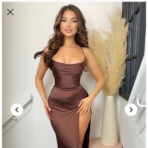 Fashion Nova Brown Satin Strapless Slip Dress with Thigh Slit